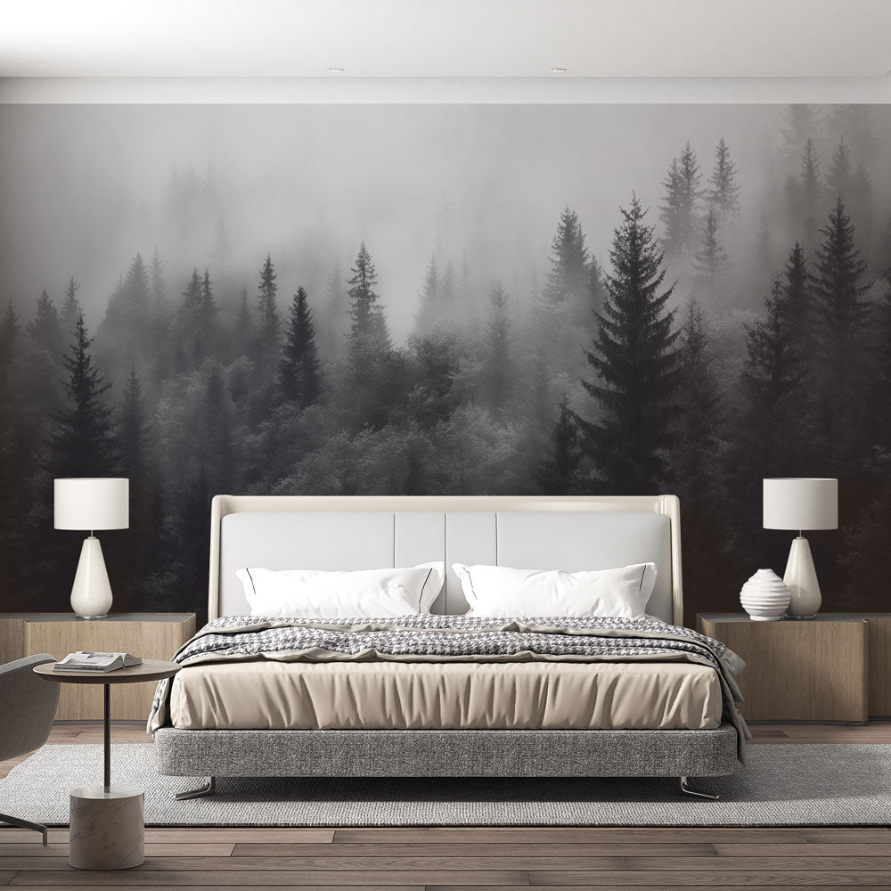 Fir Forest Wallpaper | Black and White Nordic Mist Mural