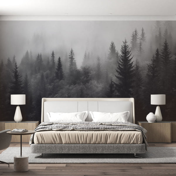 Fir Forest Wallpaper | Black and White Nordic Mist Mural