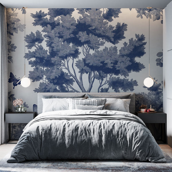 Shabby Chic Wallpaper | Blue Trees & Butterflies Mural