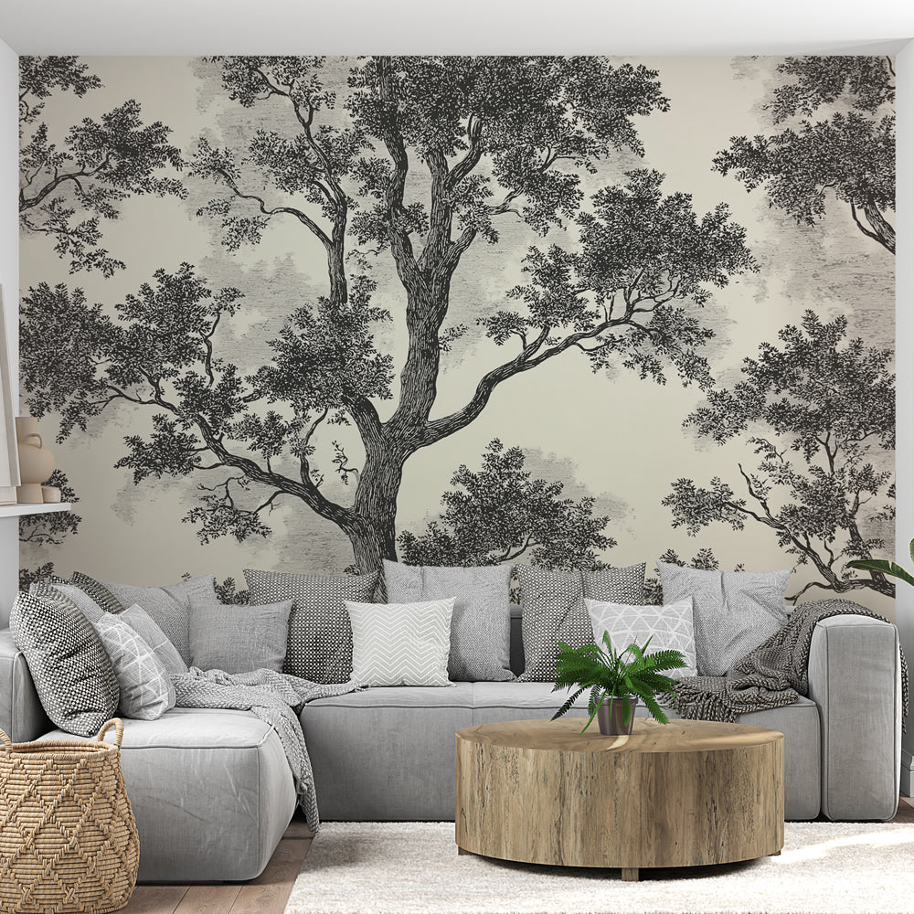 Shabby Chic Wallpaper | Vintage Black & White Trees