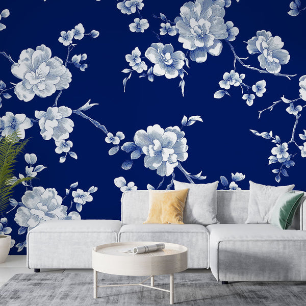 Shabby Chic Wallpaper | Bouquet of White Flowers on Navy Blue