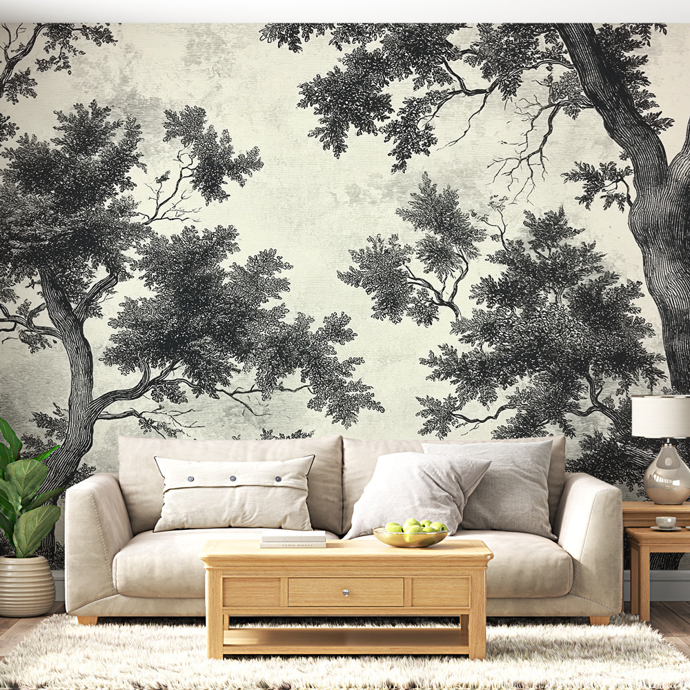 Shabby Chic Wallpaper | Black & White Tree Silhouettes