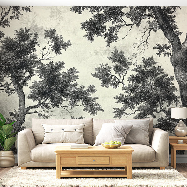 Shabby Chic Wallpaper | Black & White Tree Silhouettes