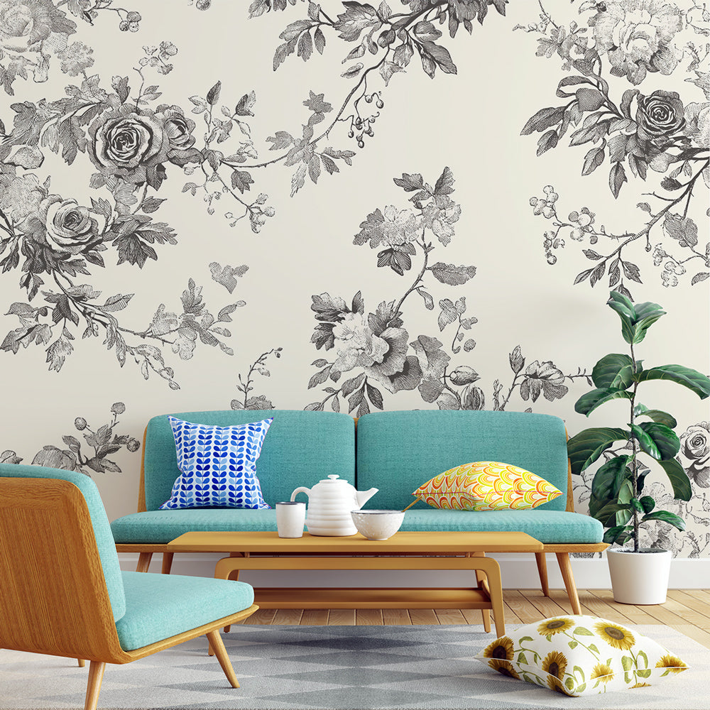 Shabby Chic Wallpaper | Elegant B&W Roses Wall Mural