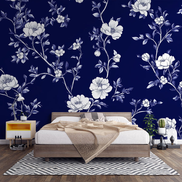 Shabby Chic Wallpaper | Elegant White Florals on Navy Blue