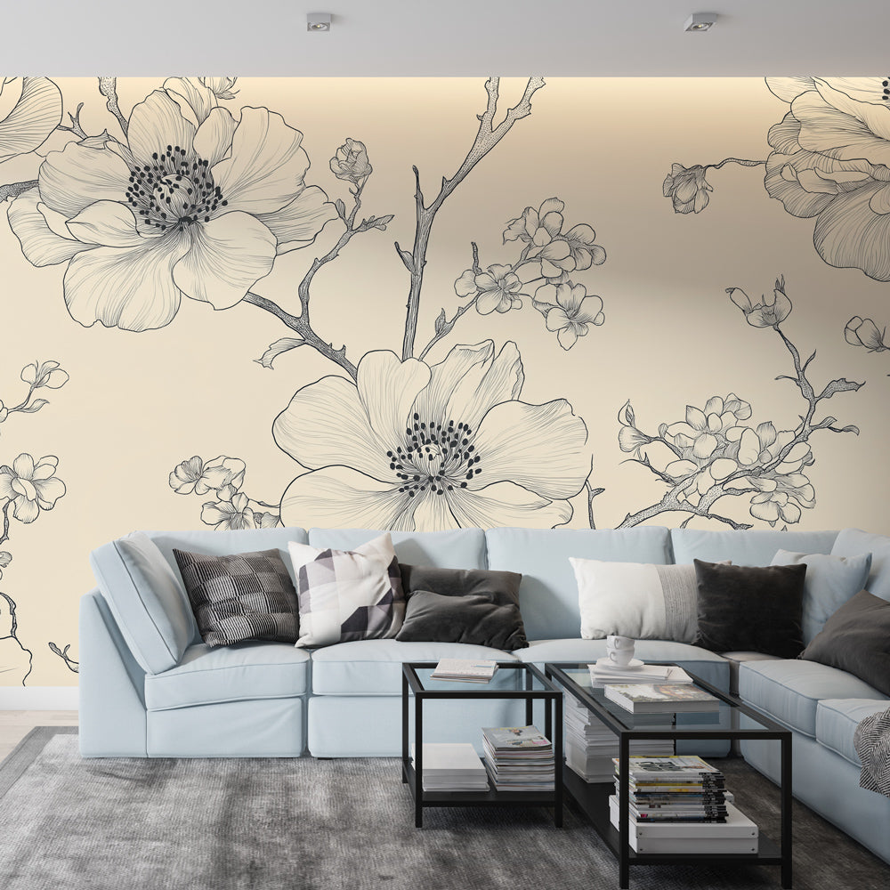 Shabby Chic Wallpaper | B&W Florals Cream Wall Mural