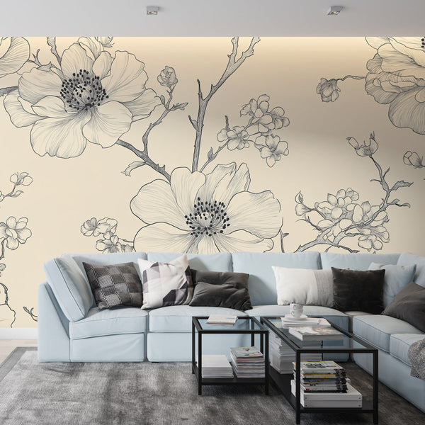 Shabby Chic Wallpaper | B&W Florals Cream Wall Mural