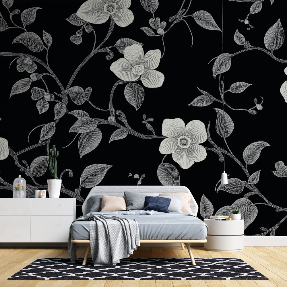 Shabby Chic Wallpaper | White Florals Black Wall Mural