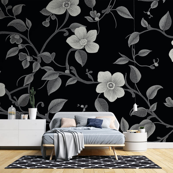 Shabby Chic Wallpaper | White Florals Black Wall Mural
