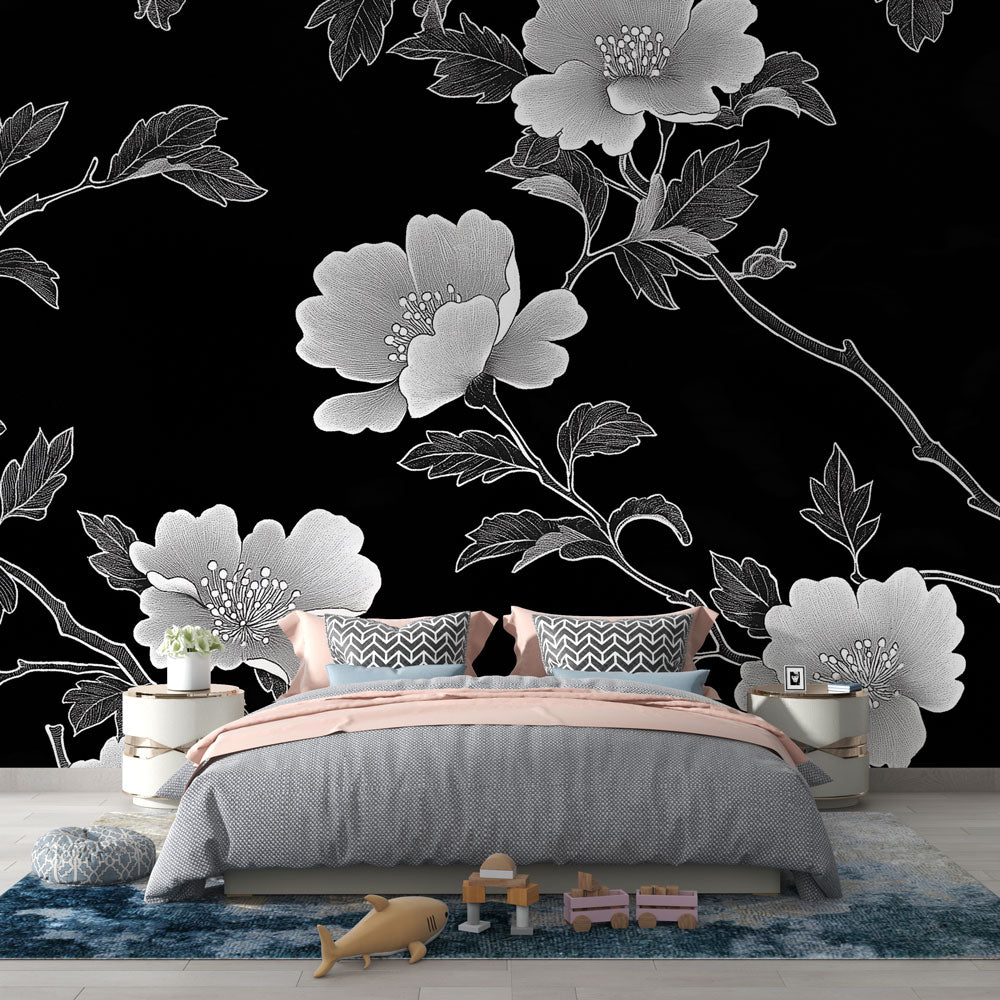 Shabby Chic Wallpaper | Elegant White Flowers on Black Background
