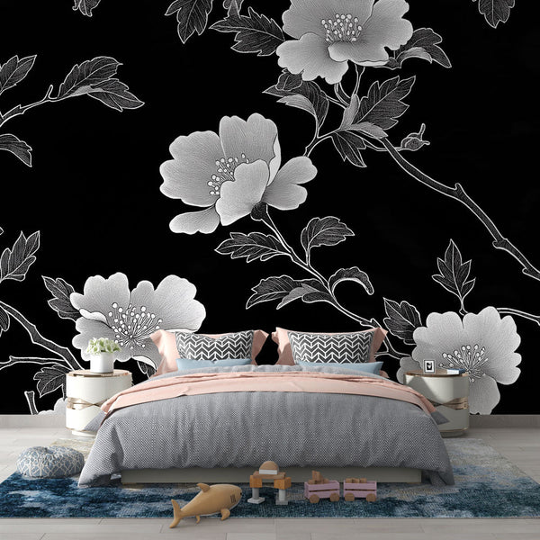 Shabby Chic Wallpaper | Elegant White Flowers on Black Background