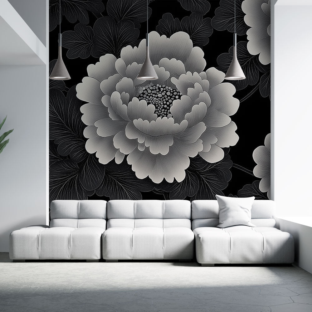 Shabby Chic Wallpaper | White & Grey Florals on Black