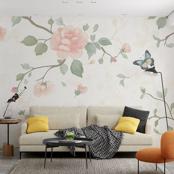 Shabby Chic Wallpaper | Flowers and Colourful Butterflies