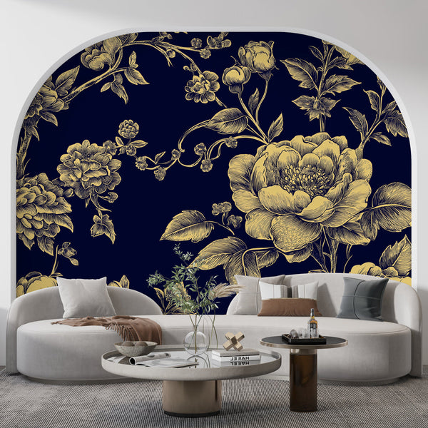 Shabby Chic Wallpaper | Gilded Blooms on Deep Navy