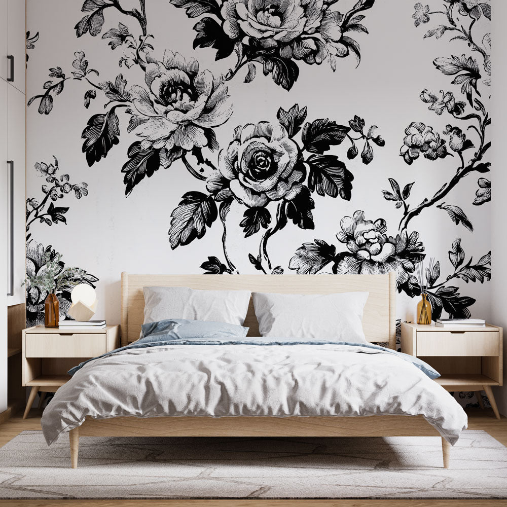 Shabby Chic Wallpaper | Elegant B&W Flowers Wall Mural