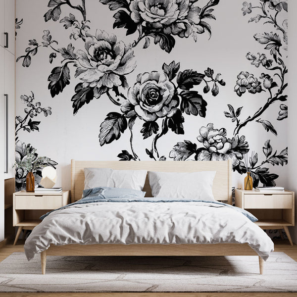 Shabby Chic Wallpaper | Elegant B&W Flowers Wall Mural