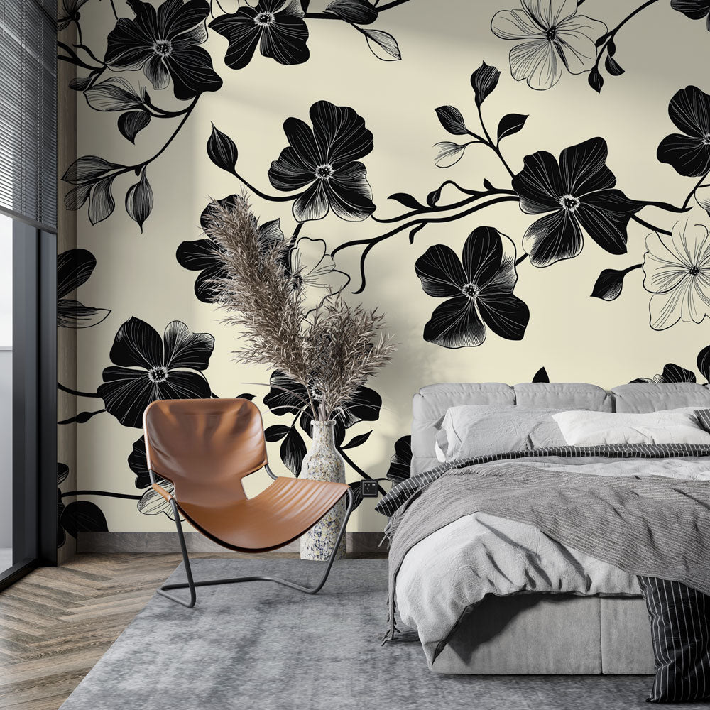 Shabby Chic Wallpaper | Black White Florals Cream Mural