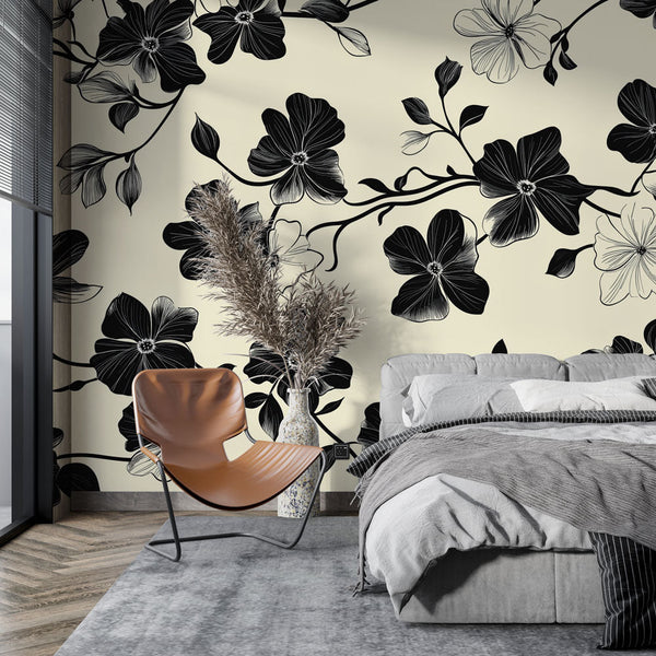Shabby Chic Wallpaper | Black White Florals Cream Mural