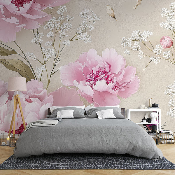 Shabby Chic Wallpaper | Pink Peonies & Butterfly Wall Mural