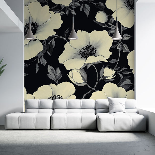 Shabby Chic Wallpaper | White Florals on Black Mural