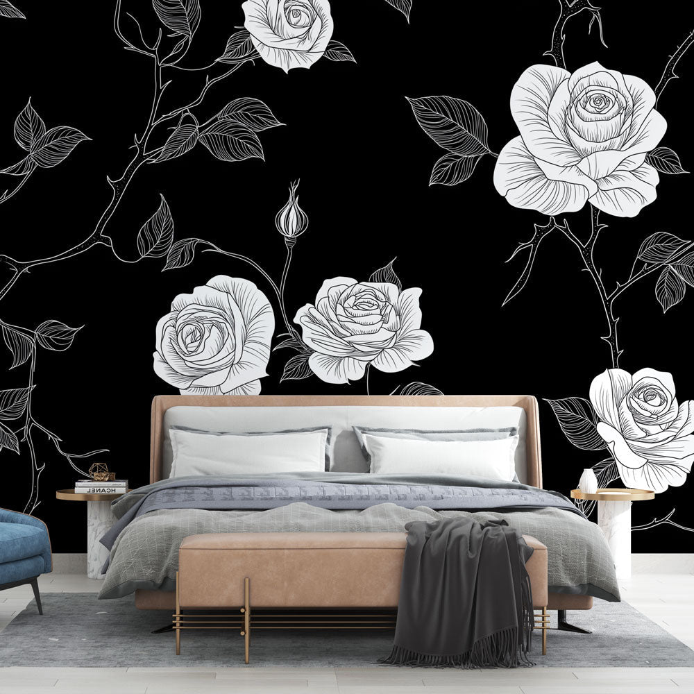 Shabby Chic Wallpaper | Magnificent White Roses on Black Background