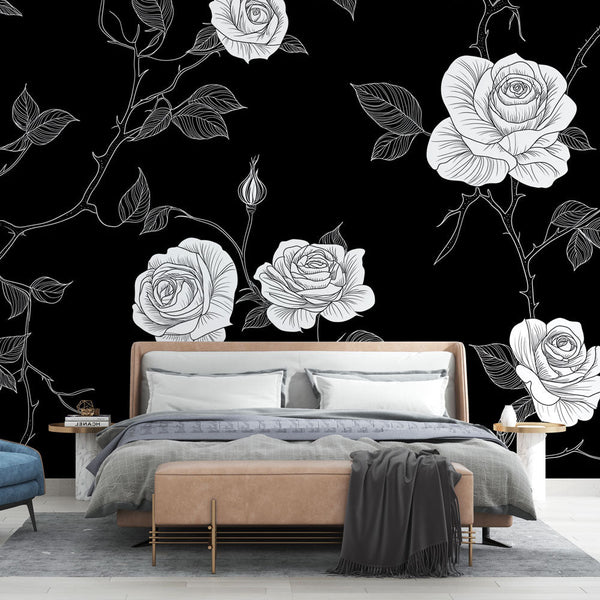 Shabby Chic Wallpaper | Magnificent White Roses on Black Background