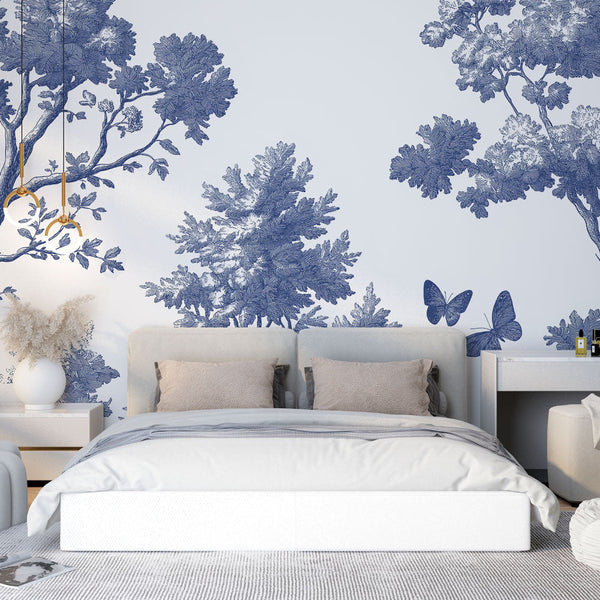 Shabby Chic Wallpaper | Blue Forest Butterflies Mural