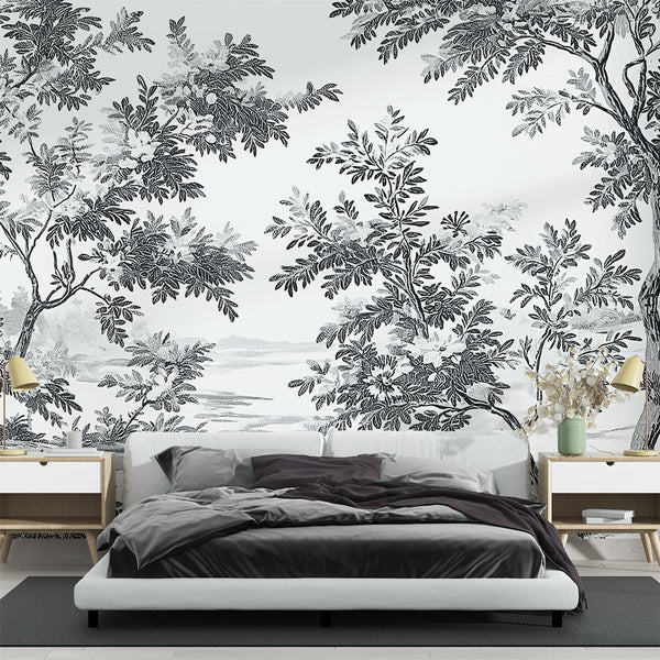 Shabby Chic Wallpaper | B&W Tree Landscape Wall Mural