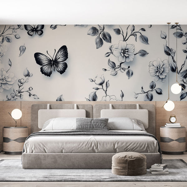 Shabby Chic Wallpaper | B&W Floral Wall Mural with Butterflies