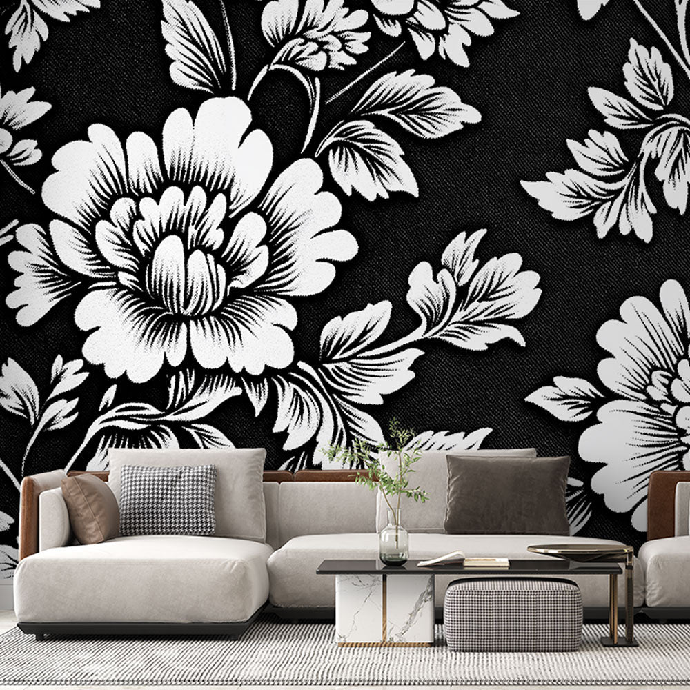 Shabby Chic Wallpaper | Black White Floral Motif on Black Ground