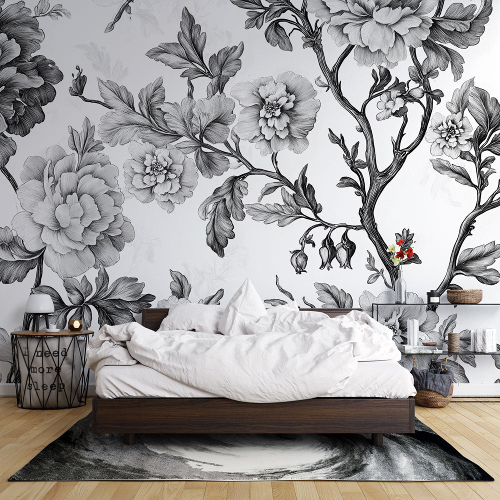 Shabby Chic Wallpaper | Monochrome Black & White Floral Mural