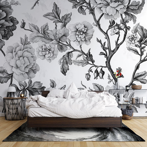 Shabby Chic Wallpaper | Monochrome Black & White Floral Mural