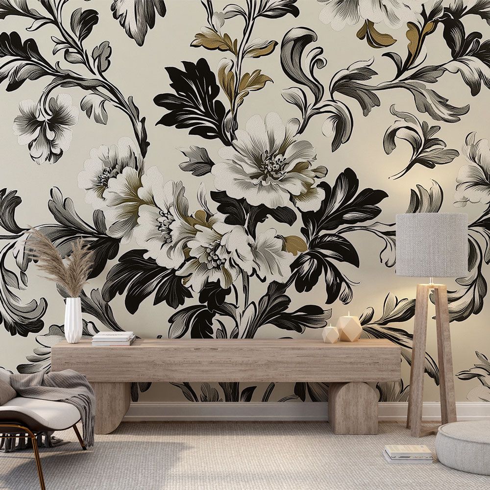 Shabby Chic Wallpaper | Black White Gold Wall Mural