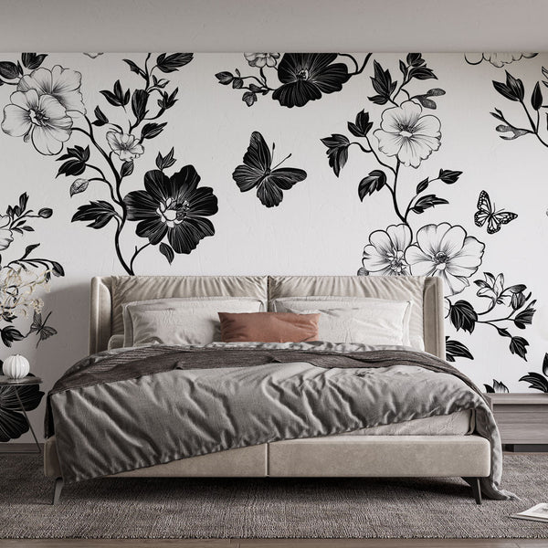 Shabby Chic Wallpaper | B&W Florals & Butterflies Mural