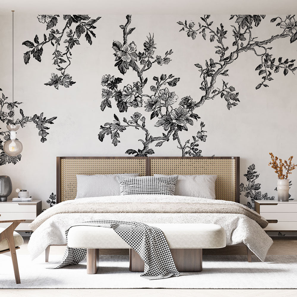 Shabby Chic Wallpaper | Delicate Black White Floral Mural