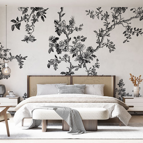 Shabby Chic Wallpaper | Delicate Black White Floral Mural