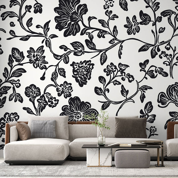 Shabby Chic Wallpaper | Elegant Black White Floral Mural