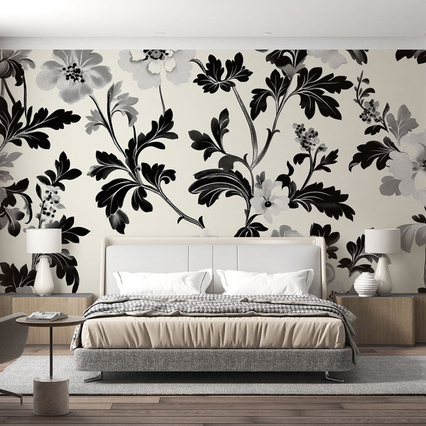 Shabby Chic Wallpaper | Highly Elegant Black & White Floral Mural