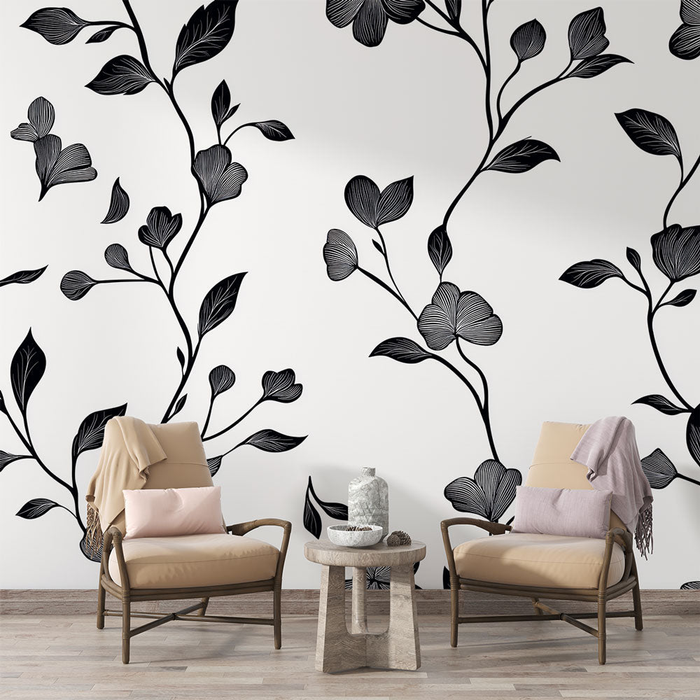 Shabby Chic Wallpaper | Black Floral Branch Wall Mural