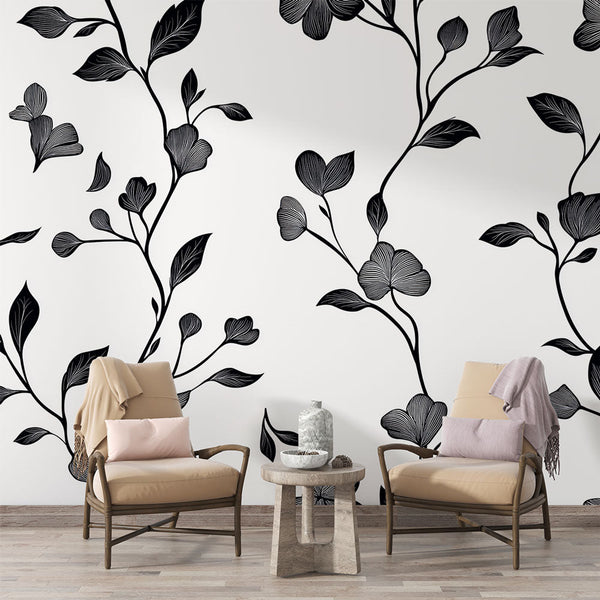 Shabby Chic Wallpaper | Black Floral Branch Wall Mural