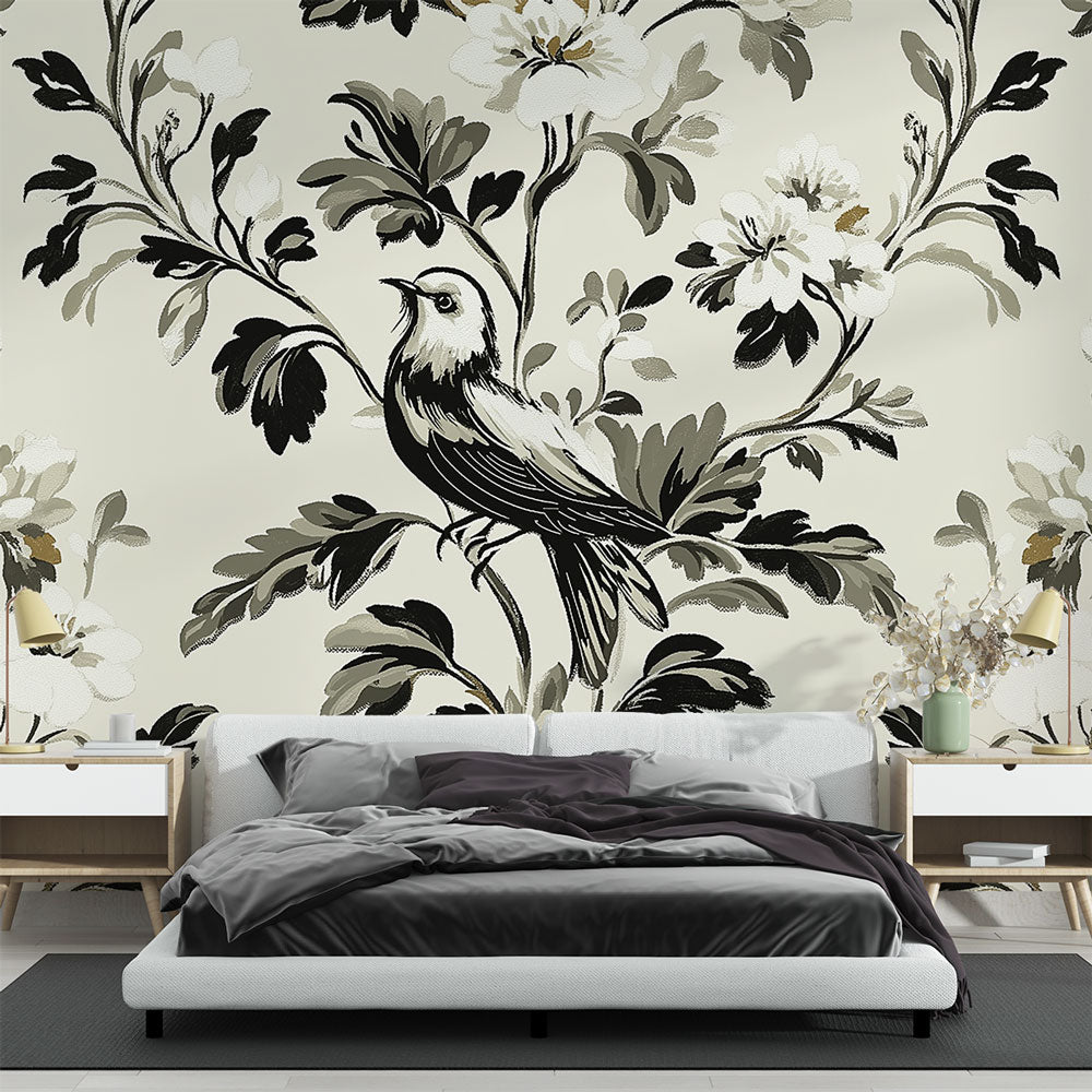 Shabby Chic Wallpaper | Monochrome Birds Flowers Mural