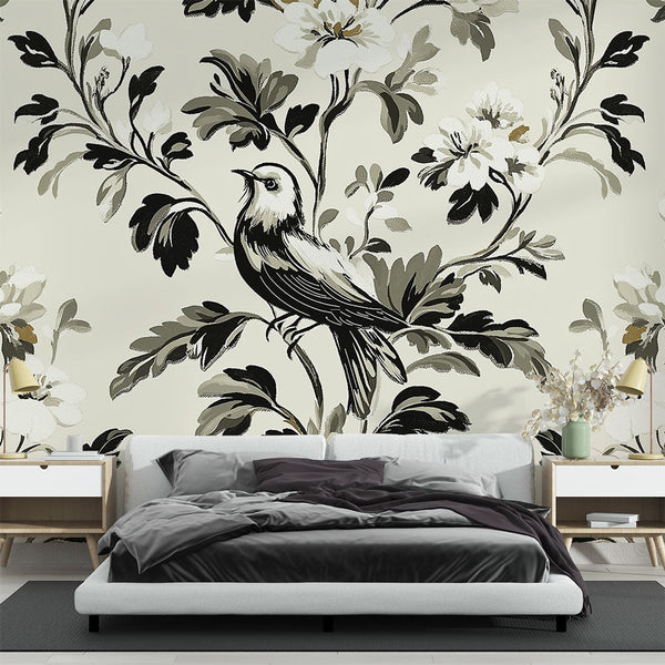 Shabby Chic Wallpaper | Monochrome Birds Flowers Mural