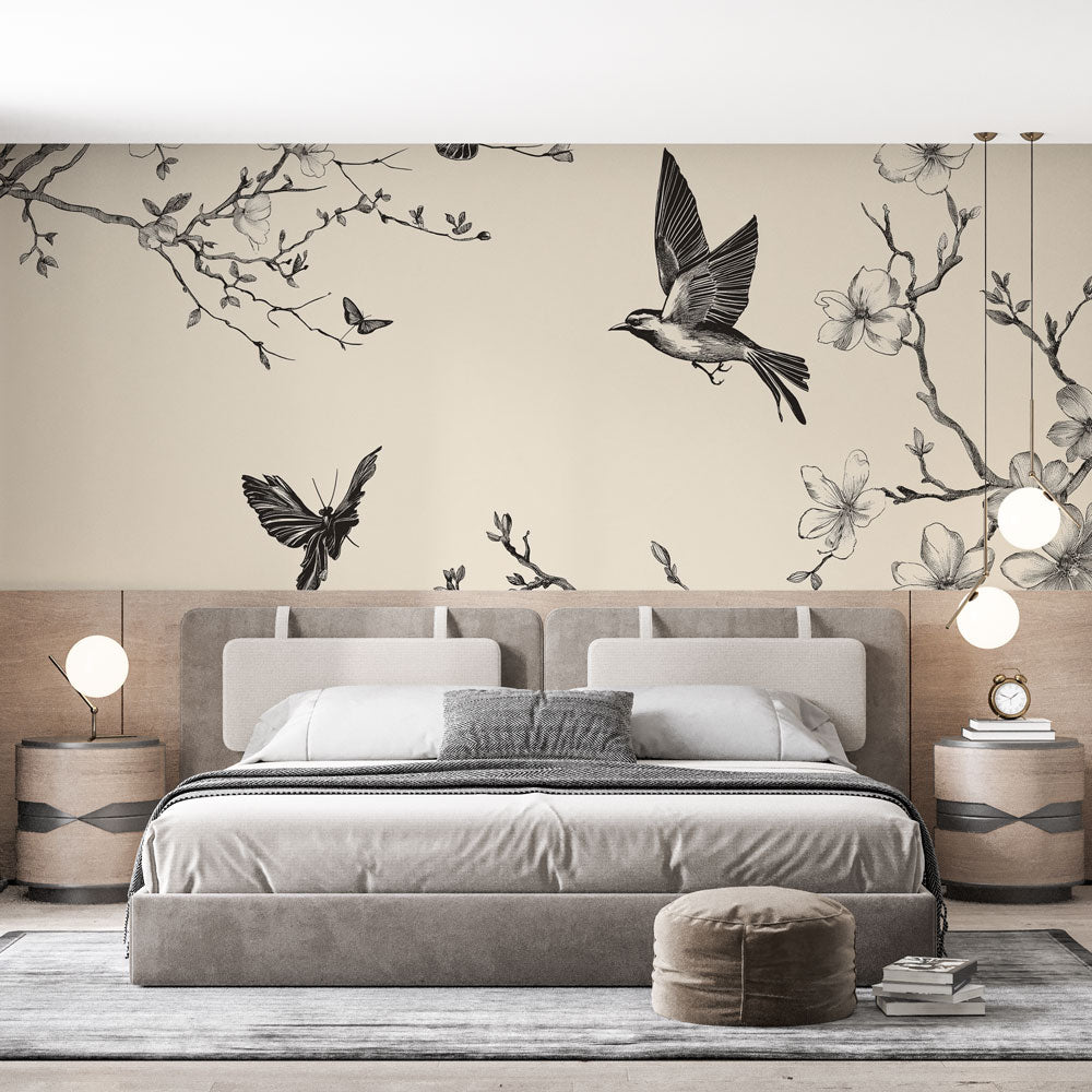 Shabby Chic Wallpaper | Black & White Birds Wall Mural