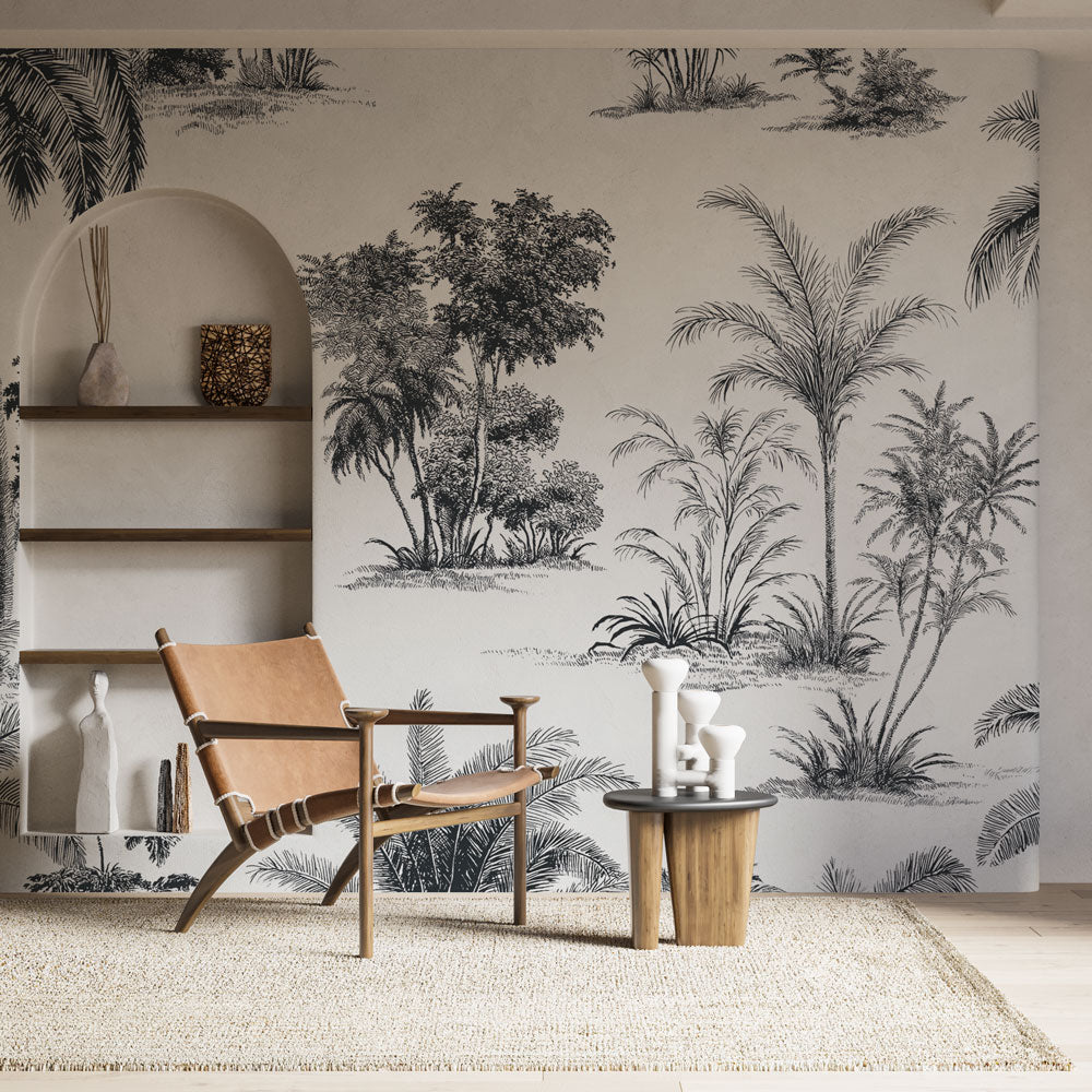 Shabby Chic Wallpaper | Black White Palms and Lush Foliage