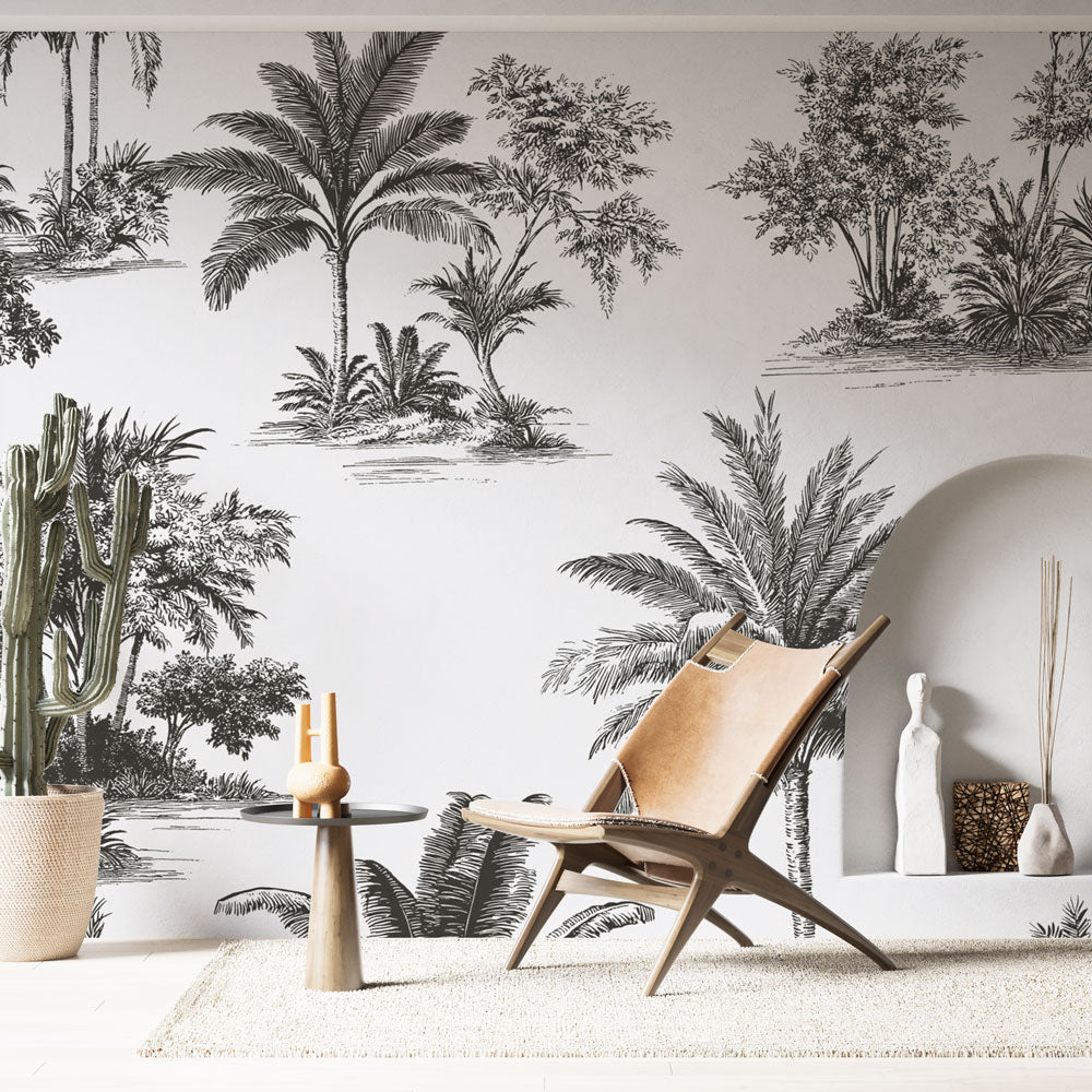 Shabby Chic Wallpaper | Black White Palms and Tropical Foliage