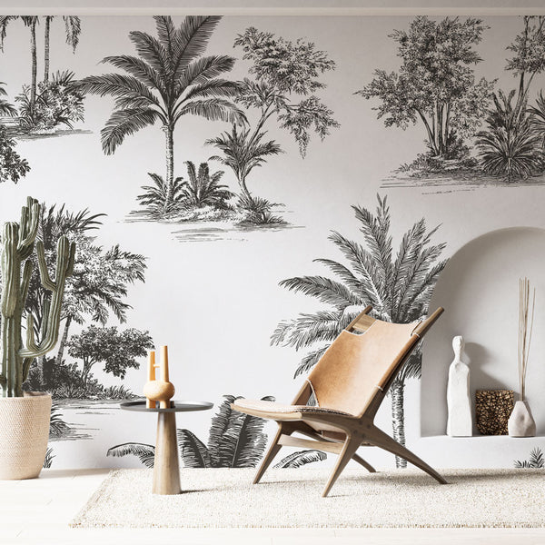 Shabby Chic Wallpaper | Black White Palms and Tropical Foliage