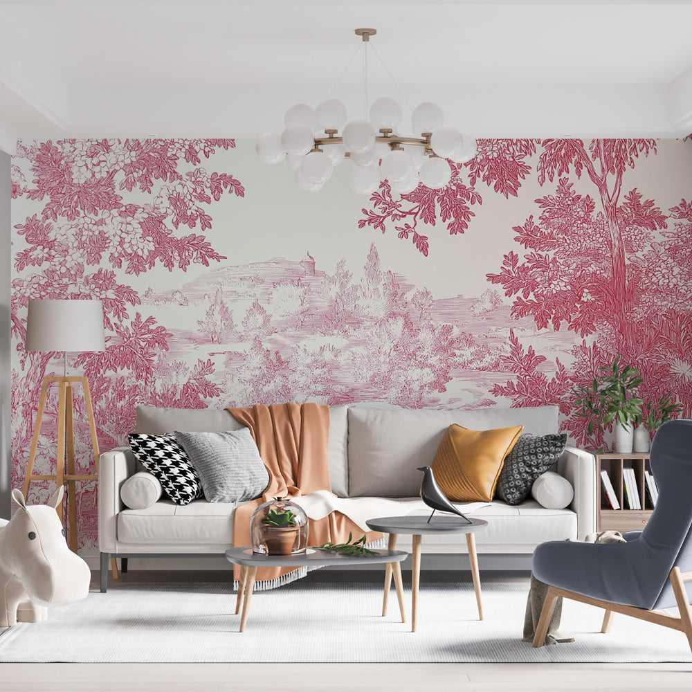 Shabby Chic Wallpaper | Pink Pastoral Landscape Outlines