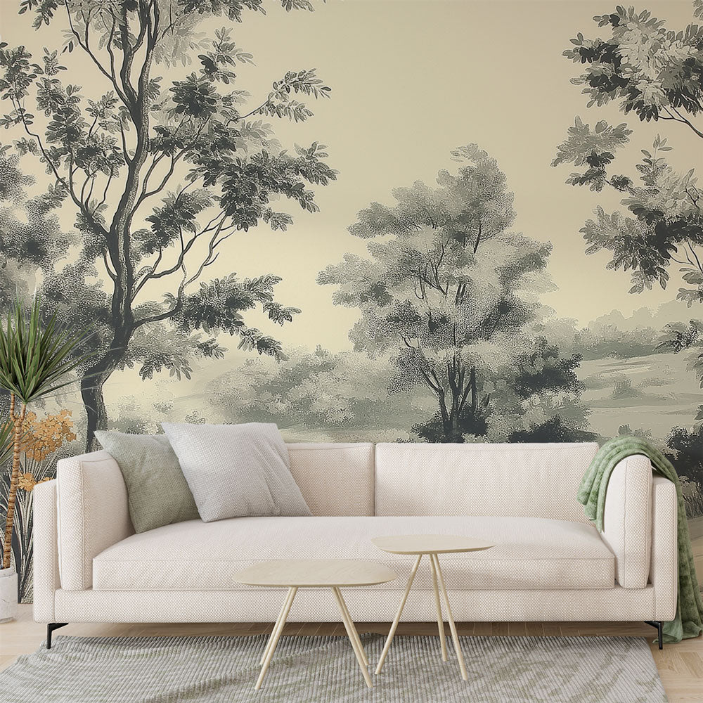 Shabby Chic Wallpaper | Black White Forest with Gold Floral Accents