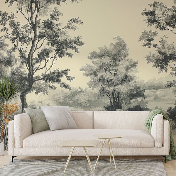 Shabby Chic Wallpaper | Black White Forest with Gold Floral Accents