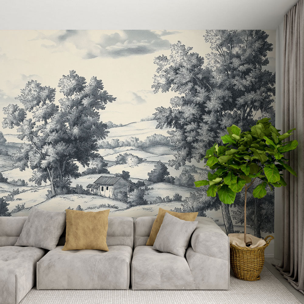 Shabby Chic Wallpaper | Cottage Trees Pastoral Mural